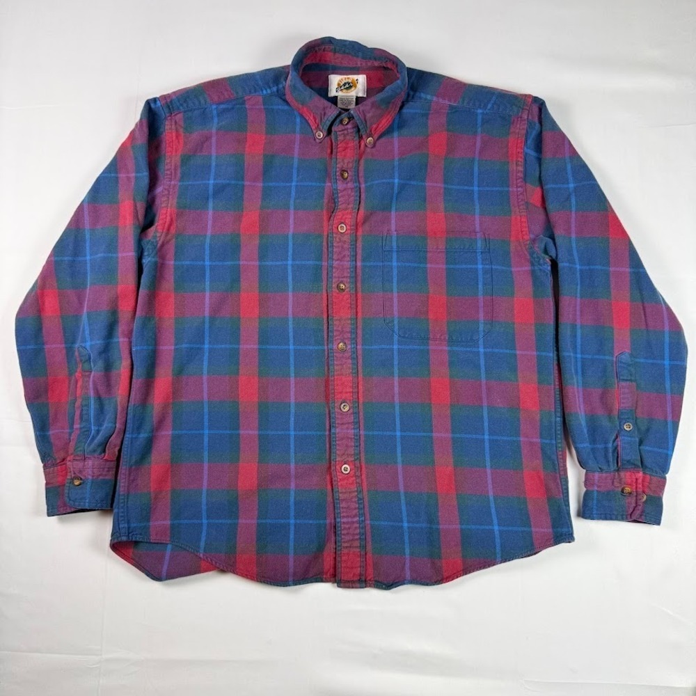 VTG Field Gear Flannel Shirt Mens Medium Blue Red Green Plaid Button Down